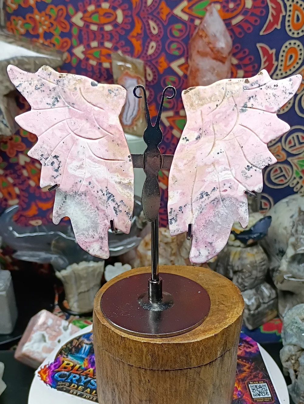 Peruvian Rhodonite Butterfly Wings Decor In Custom Stand